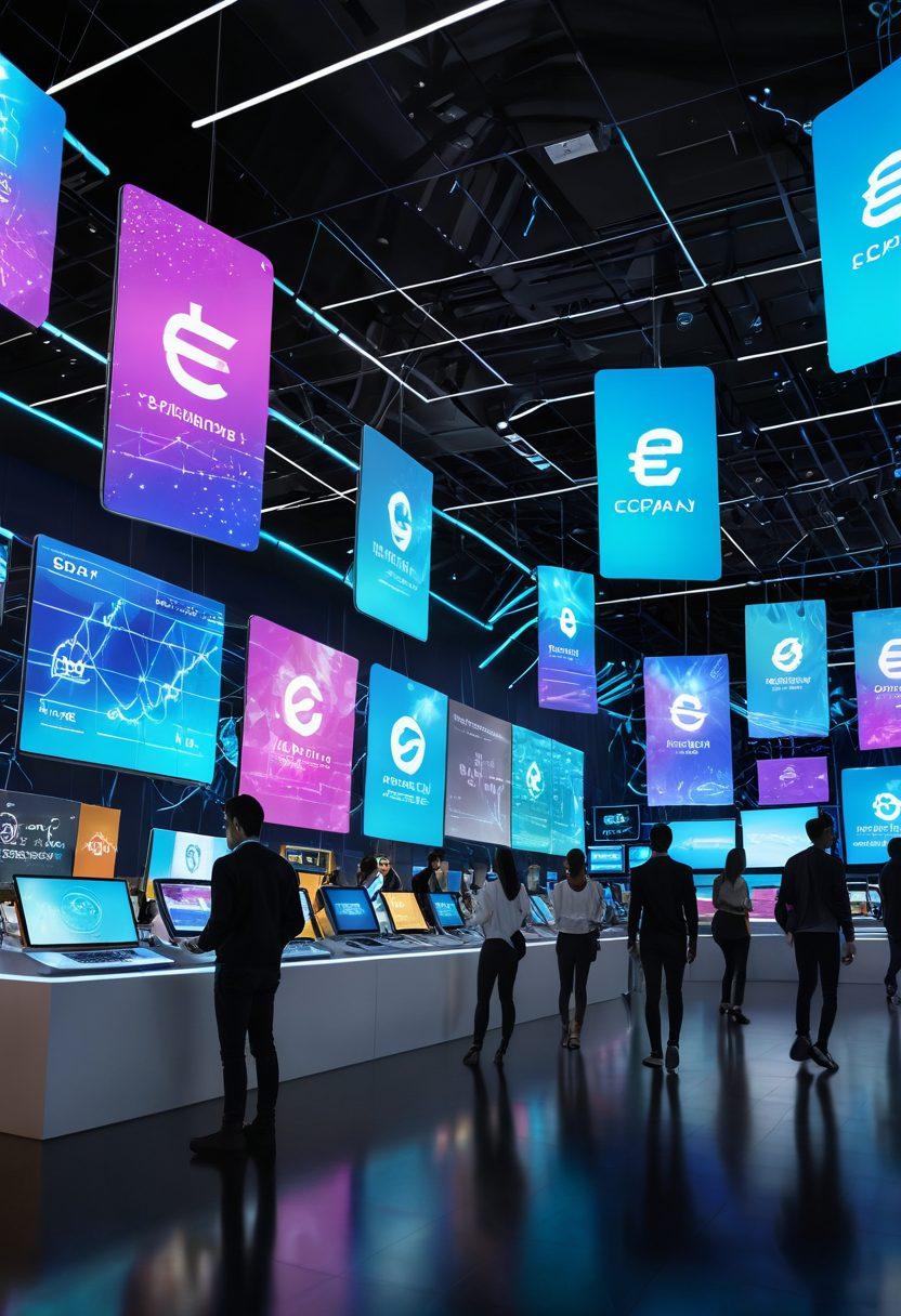 A futuristic digital landscape showcasing the evolution of e-commerce, featuring eCPAY's logo integrated into a network of online transactions, digital wallets, and shopping carts. Include diverse people using technology to make online purchases, surrounded by vibrant holographic displays of financial data and cryptocurrency symbols. Emphasize innovation and connectivity, with bright, engaging colors and a modern design. super-realistic. vibrant colors. 3D.