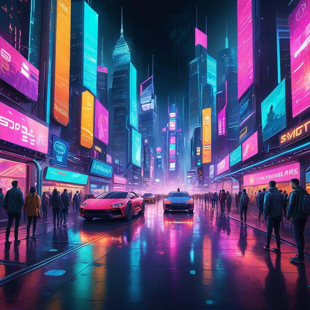 A futuristic cityscape showcasing digital payment transactions, with vibrant holographic interfaces hovering over people's devices. Include diverse individuals engaging in secure payments, surrounded by iconic landmarks symbolizing technology and finance. Emphasize a sense of safety with glowing shields or locks around the transactions. The overall atmosphere should feel dynamic and innovative. cyberpunk style. vibrant colors. 3D.